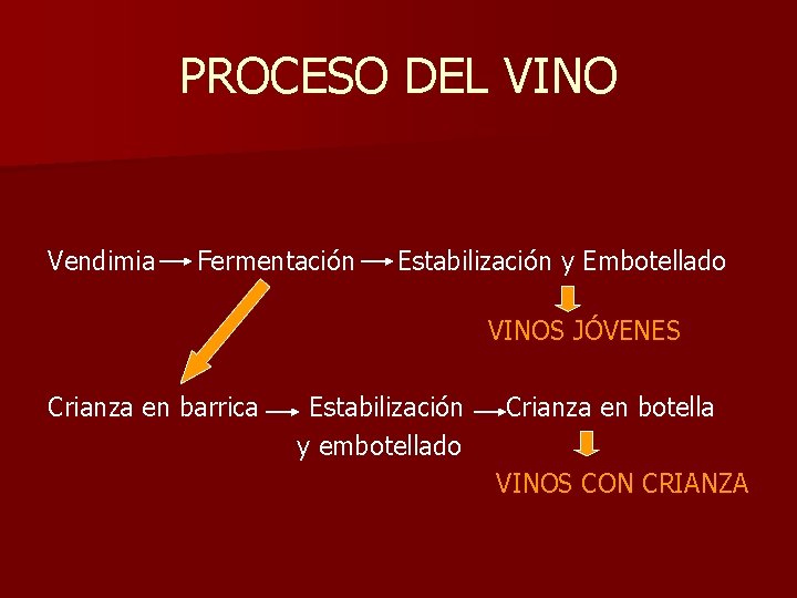 PROCESO DEL VINO Vendimia Fermentación Estabilización y Embotellado VINOS JÓVENES Crianza en barrica Estabilización