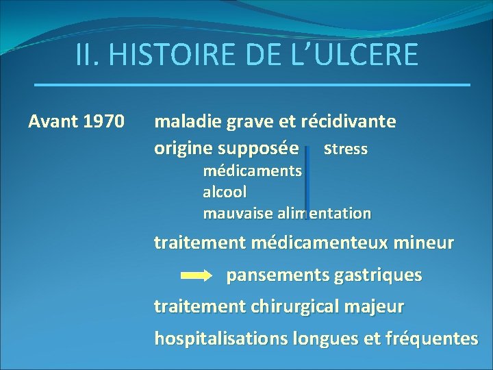 II. HISTOIRE DE L’ULCERE Avant 1970 maladie grave et récidivante origine supposée stress médicaments