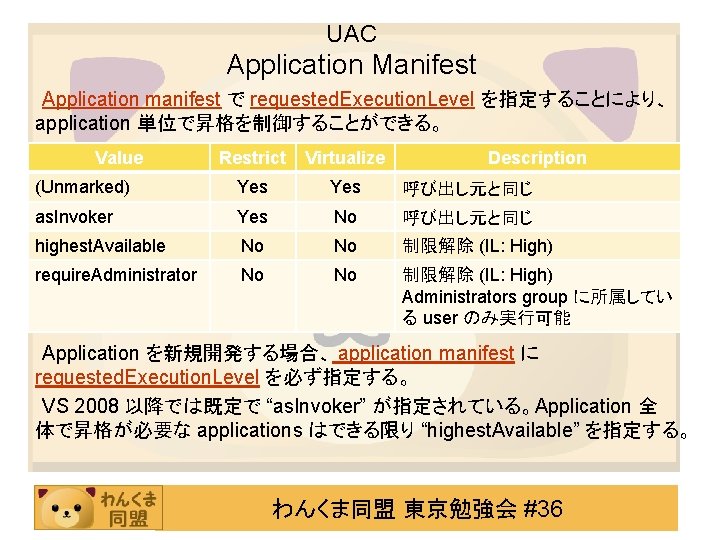 UAC Application Manifest Application manifest で requested. Execution. Level を指定することにより、 application 単位で昇格を制御することができる。 Value Restrict