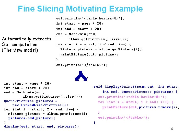 Fine Slicing Motivating Example Automatically extracts Out computation (The view model) out. println("<table border=0>");