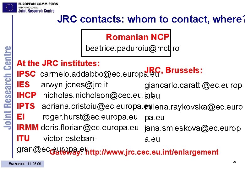 JRC contacts: whom to contact, where? Romanian NCP beatrice. paduroiu@mct. ro At the JRC