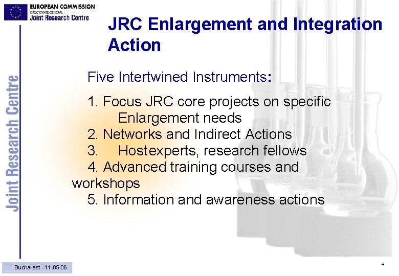 JRC Enlargement and Integration Action Five Intertwined Instruments: 1. Focus JRC core projects on