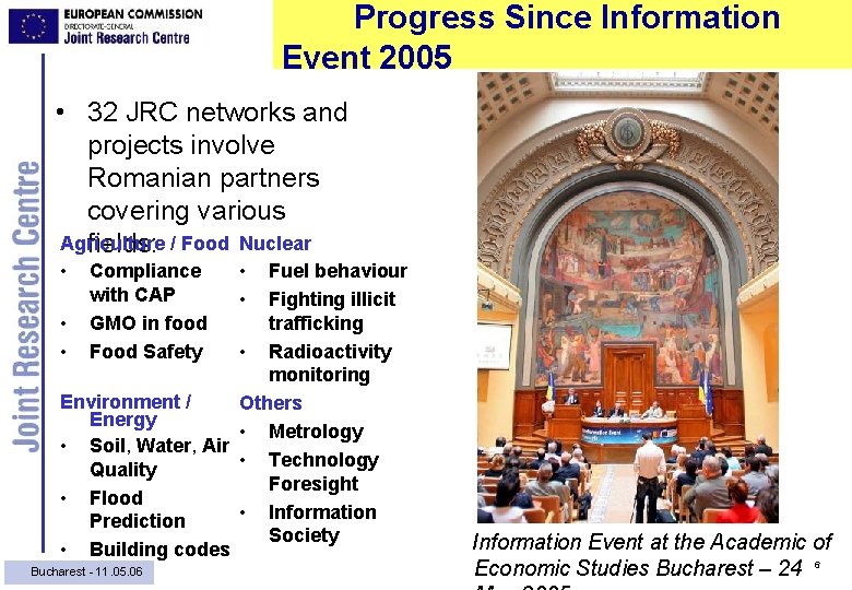 Progress Since Information Event 2005 • 32 JRC networks and projects involve Romanian partners