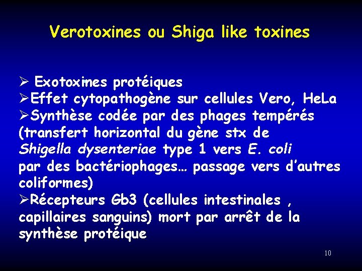 Verotoxines ou Shiga like toxines Ø Exotoxines protéiques ØEffet cytopathogène sur cellules Vero, He.