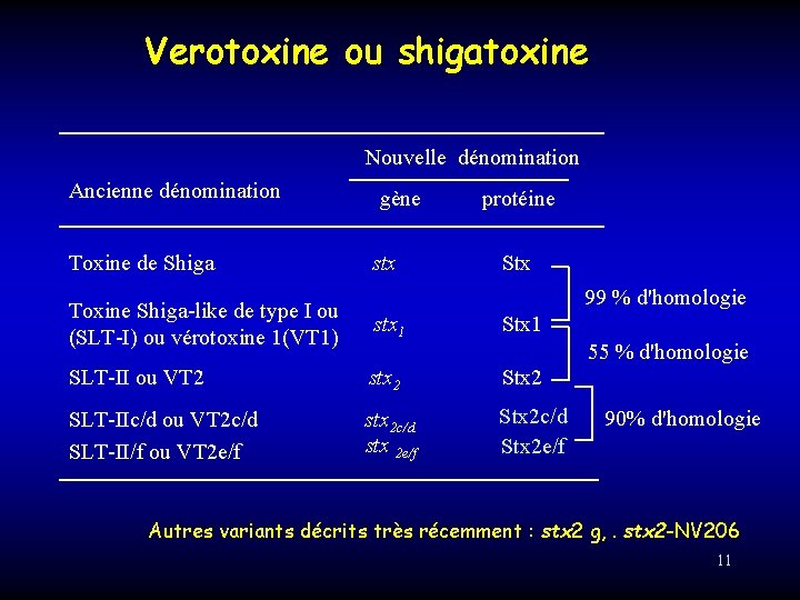 Verotoxine ou shigatoxine Nouvelle dénomination Ancienne dénomination Toxine de Shiga gène stx protéine Stx