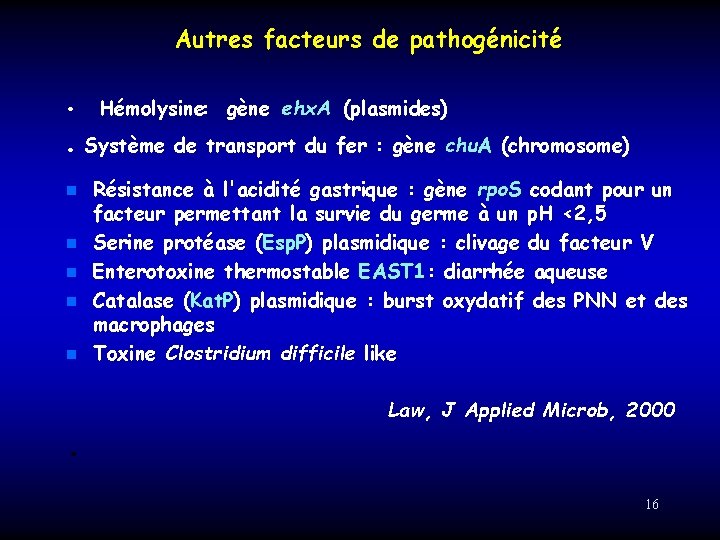Autres facteurs de pathogénicité • Hémolysine: gène ehx. A (plasmides) • Système de transport