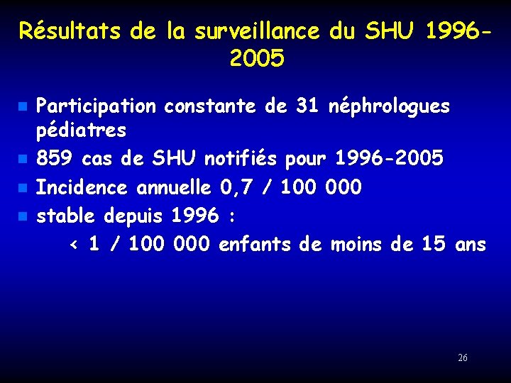 Résultats de la surveillance du SHU 19962005 n n Participation constante de 31 néphrologues