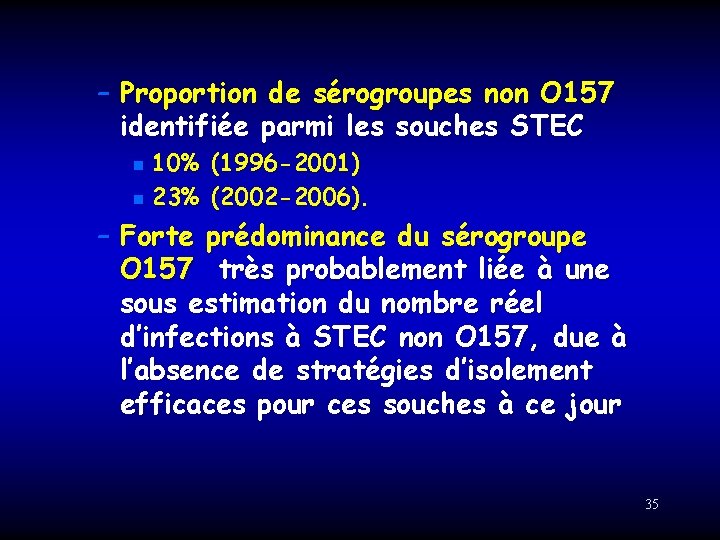 – Proportion de sérogroupes non O 157 identifiée parmi les souches STEC 10% (1996