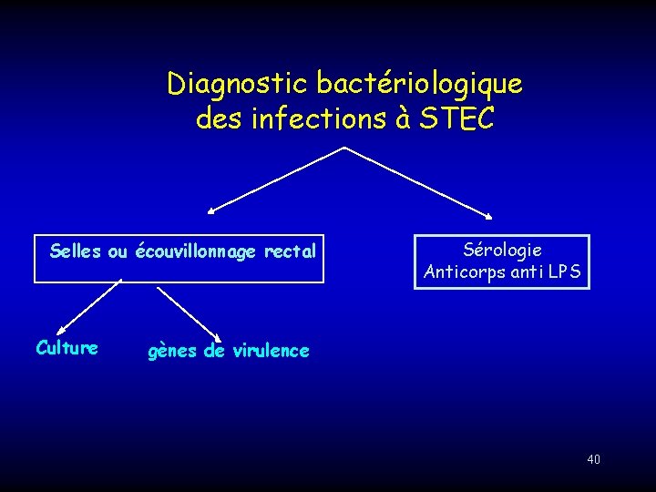 Diagnostic bactériologique des infections à STEC Selles ou écouvillonnage rectal Culture Sérologie Anticorps anti