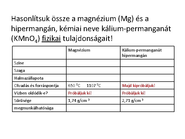 Hasonlítsuk össze a magnézium (Mg) és a hipermangán, kémiai neve kálium-permanganát (KMn. O 4)