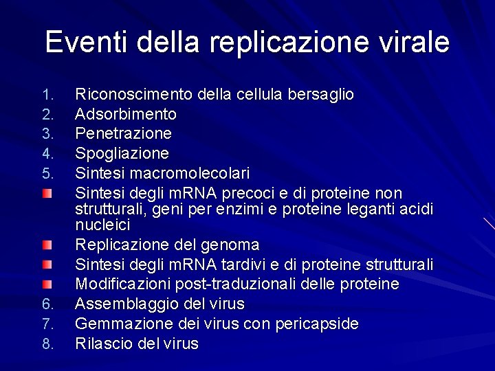 Eventi della replicazione virale 1. 2. 3. 4. 5. 6. 7. 8. Riconoscimento della