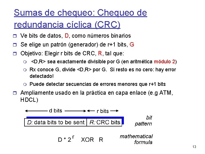 Sumas de chequeo: Chequeo de redundancia cíclica (CRC) Ve bits de datos, D, como