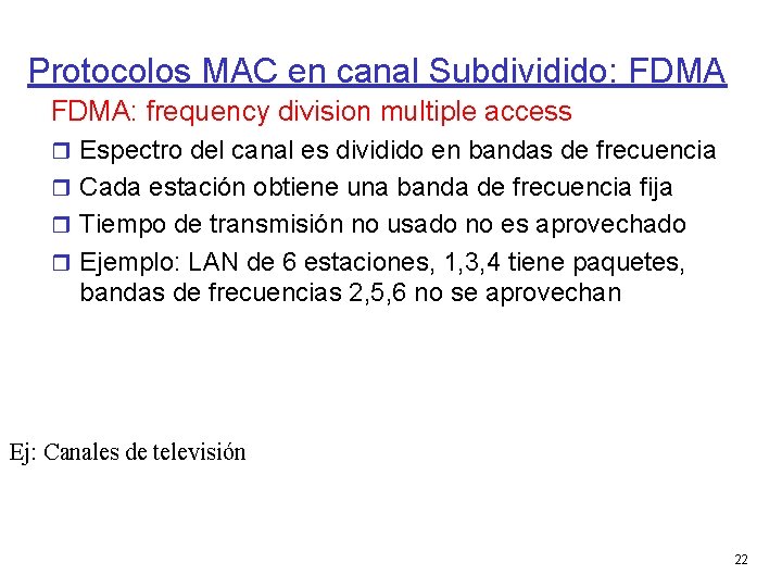 Protocolos MAC en canal Subdividido: FDMA: frequency division multiple access Espectro del canal es
