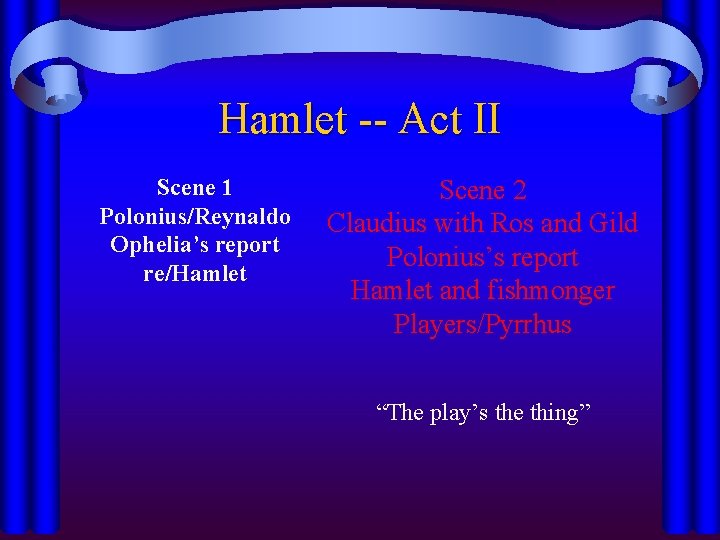 Hamlet -- Act II Scene 1 Polonius/Reynaldo Ophelia’s report re/Hamlet Scene 2 Claudius with Hamlet -- Act II Scene 1 Polonius/Reynaldo Ophelia’s report re/Hamlet Scene 2 Claudius with