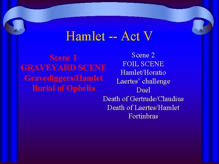 Hamlet -- Act V Scene 2 FOIL SCENE Hamlet/Horatio Laertes’ challenge Duel Death of Hamlet -- Act V Scene 2 FOIL SCENE Hamlet/Horatio Laertes’ challenge Duel Death of
