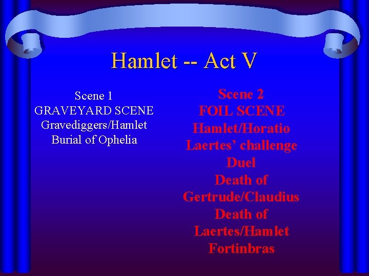 Hamlet -- Act V Scene 1 GRAVEYARD SCENE Gravediggers/Hamlet Burial of Ophelia Scene 2 Hamlet -- Act V Scene 1 GRAVEYARD SCENE Gravediggers/Hamlet Burial of Ophelia Scene 2