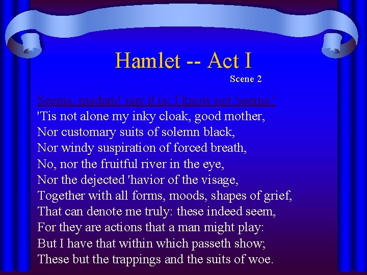 Hamlet -- Act I Scene 2 Seems, madam! nay it is; I know not Hamlet -- Act I Scene 2 Seems, madam! nay it is; I know not