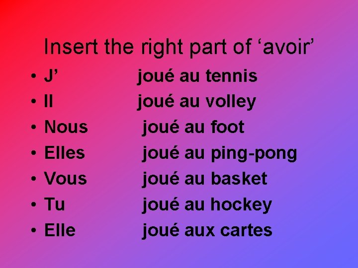 Insert the right part of ‘avoir’ • • J’ Il Nous Elles Vous Tu