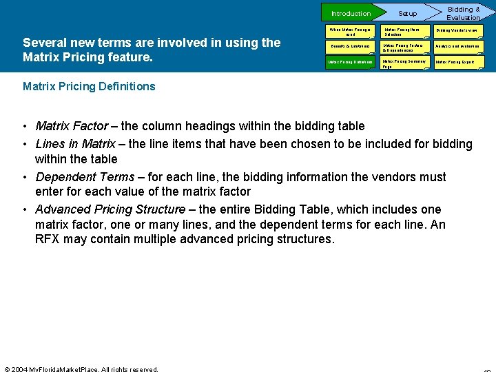 Several new terms are involved in using the Matrix Pricing feature. Bidding & Evaluation