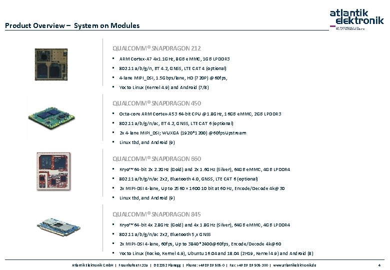 Product Overview – System on Modules QUALCOMM® SNAPDRAGON 212 • ARM Cortex-A 7 4