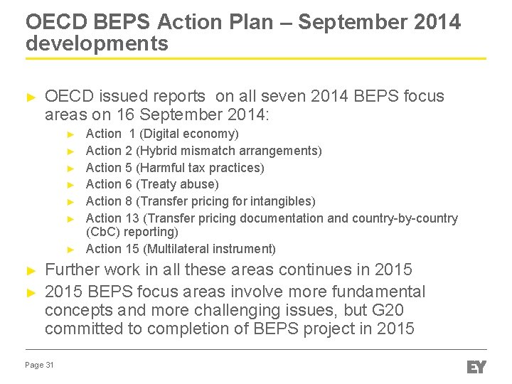 OECD BEPS Action Plan – September 2014 developments ► OECD issued reports on all