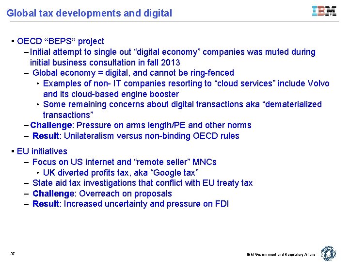 Global tax developments and digital § OECD “BEPS” project – Initial attempt to single