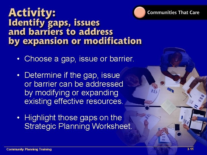  • Choose a gap, issue or barrier. • Determine if the gap, issue