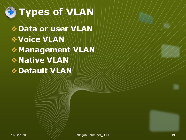 Types of VLAN v Data or user VLAN v Voice VLAN v Management VLAN Types of VLAN v Data or user VLAN v Voice VLAN v Management VLAN