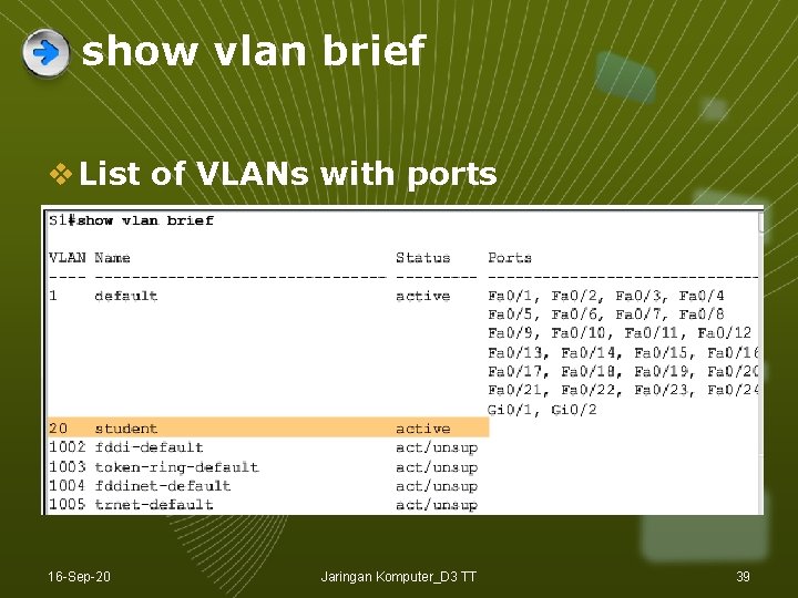 show vlan brief v List of VLANs with ports 16 -Sep-20 Jaringan Komputer_D 3 show vlan brief v List of VLANs with ports 16 -Sep-20 Jaringan Komputer_D 3