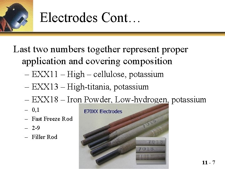 Electrodes Cont… Last two numbers together represent proper application and covering composition – EXX