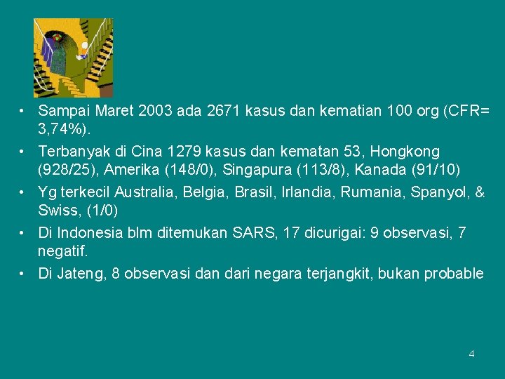  • Sampai Maret 2003 ada 2671 kasus dan kematian 100 org (CFR= 3,