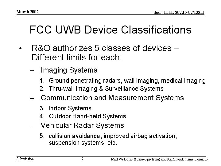 March 2002 doc. : IEEE 802. 15 -02/133 r 1 FCC UWB Device Classifications