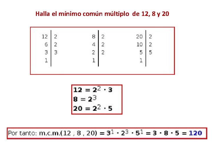 Halla el mínimo común múltiplo de 12, 8 y 20 