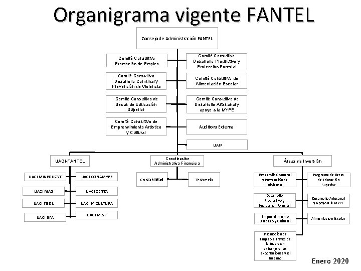 Organigrama vigente FANTEL Consejo de Administración FANTEL Comité Consultivo Promoción de Empleo Comité Consultivo Organigrama vigente FANTEL Consejo de Administración FANTEL Comité Consultivo Promoción de Empleo Comité Consultivo