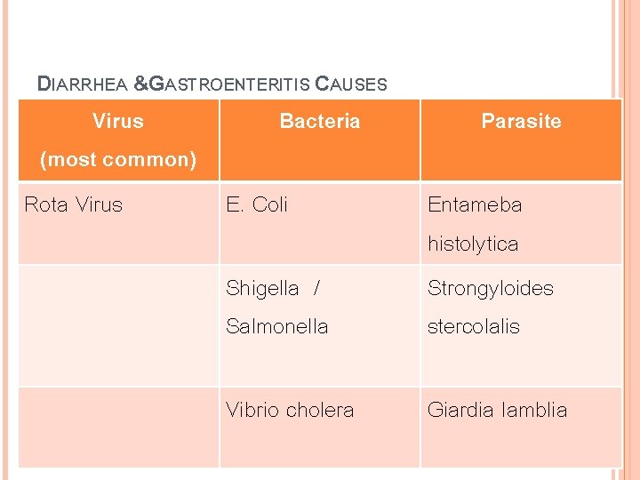 DIARRHEA &GASTROENTERITIS CAUSES Virus Bacteria (most common) Rota Virus E. Coli Parasite Shigella /
