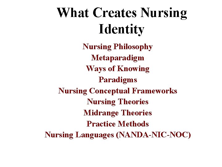 What Creates Nursing Identity Nursing Philosophy Metaparadigm Ways of Knowing Paradigms Nursing Conceptual Frameworks