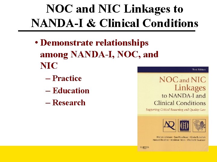 NOC and NIC Linkages to NANDA-I & Clinical Conditions • Demonstrate relationships among NANDA-I,
