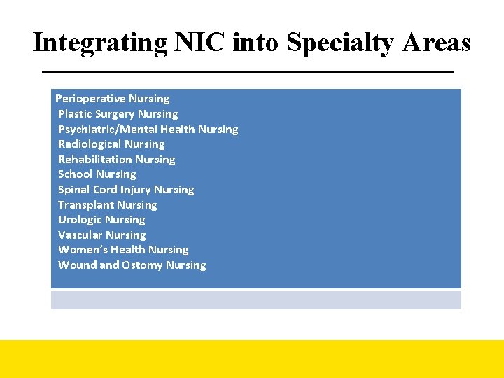 Integrating NIC into Specialty Areas Perioperative Nursing Plastic Surgery Nursing Psychiatric/Mental Health Nursing Radiological