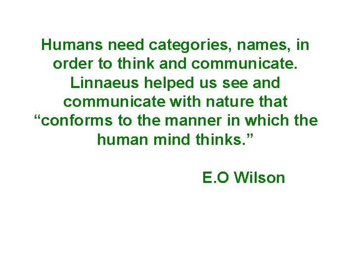 Humans need categories, names, in order to think and communicate. Linnaeus helped us see