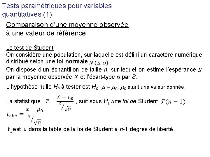 Tests paramétriques pour variables quantitatives (1) Comparaison d’une moyenne observée à une valeur de