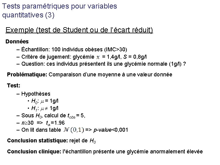 Tests paramétriques pour variables quantitatives (3) Exemple (test de Student ou de l’écart réduit)