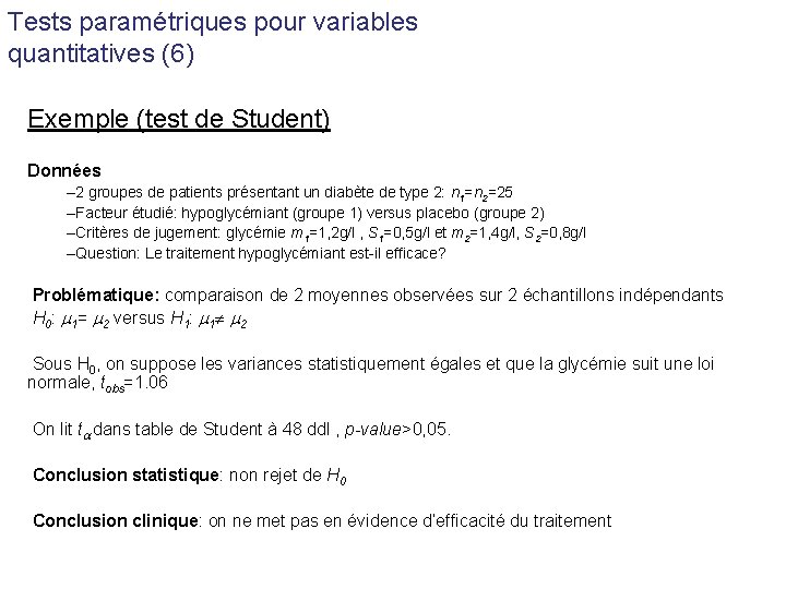 Tests paramétriques pour variables quantitatives (6) Exemple (test de Student) Données – 2 groupes