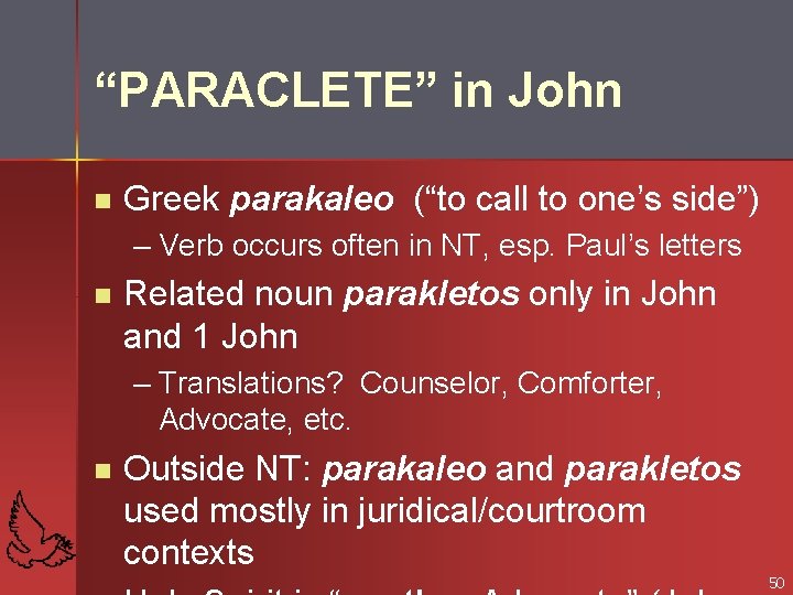 “PARACLETE” in John n Greek parakaleo (“to call to one’s side”) – Verb occurs