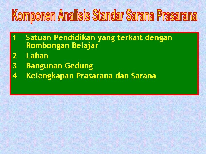 1 2 3 4 Satuan Pendidikan yang terkait dengan Rombongan Belajar Lahan Bangunan Gedung