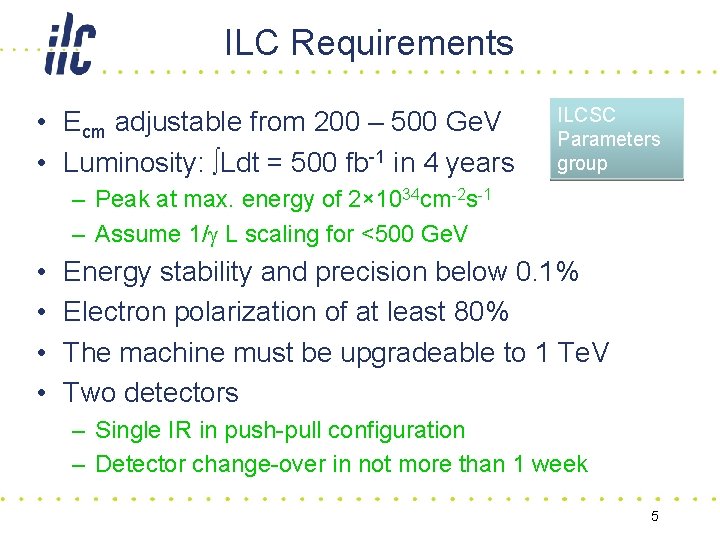 ILC Requirements • Ecm adjustable from 200 – 500 Ge. V • Luminosity: ∫Ldt