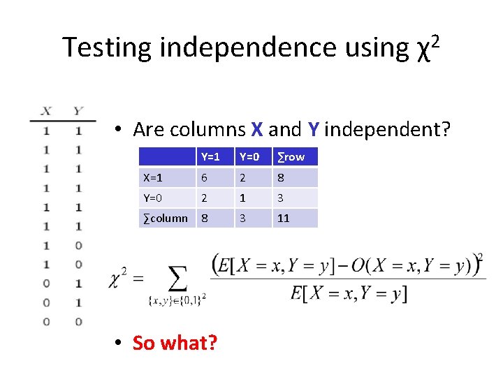 Testing independence using 2 χ • Are columns X and Y independent? Y=1 Y=0