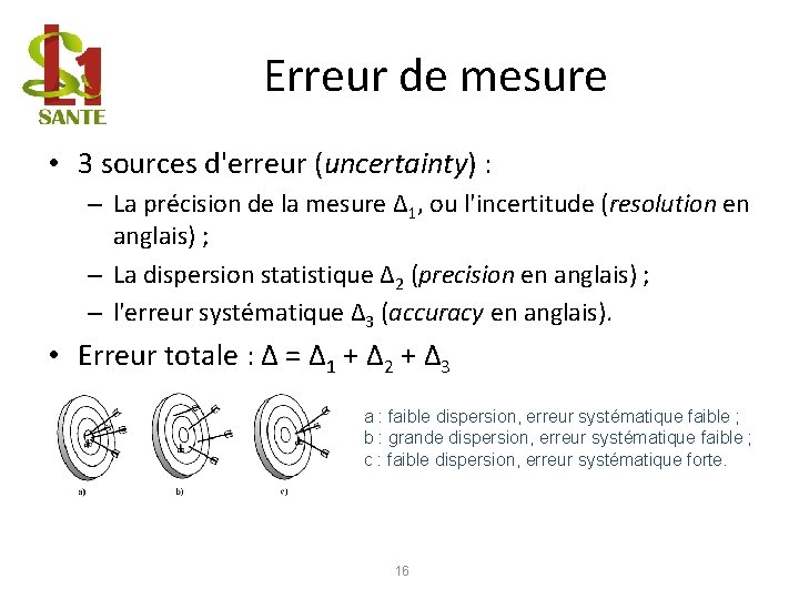 Erreur de mesure • 3 sources d'erreur (uncertainty) : – La précision de la