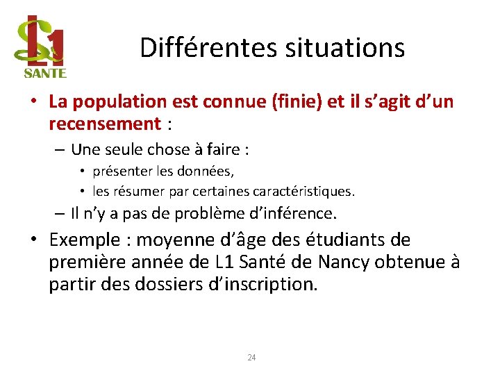 Différentes situations • La population est connue (finie) et il s’agit d’un recensement :