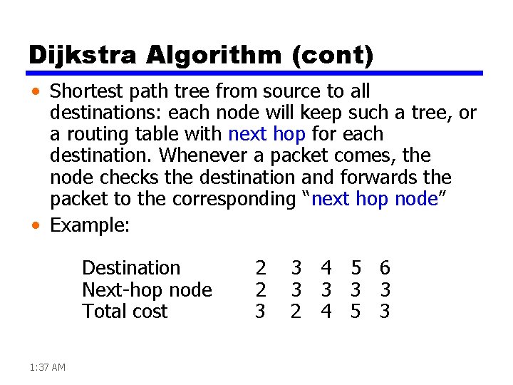 Dijkstra Algorithm (cont) • Shortest path tree from source to all destinations: each node