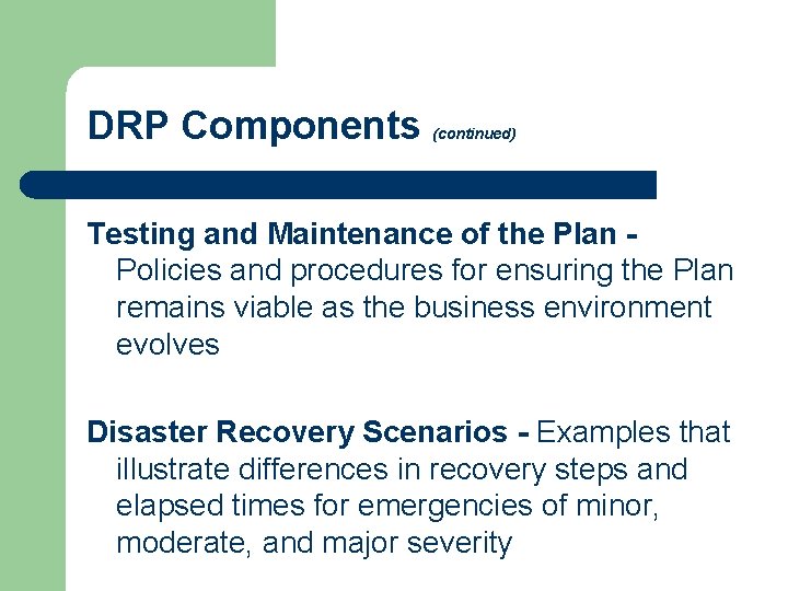 DRP Components (continued) Testing and Maintenance of the Plan Policies and procedures for ensuring DRP Components (continued) Testing and Maintenance of the Plan Policies and procedures for ensuring